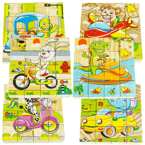Drewniane puzzle edukacyjne klocki układanka 6w1 pojazdy