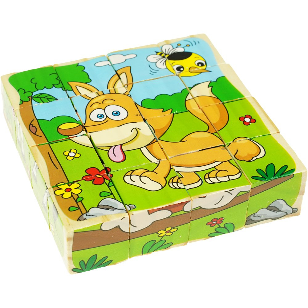 Drewniane klocki puzzle układanka edukacyjne 6W1 safari