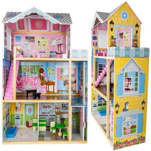 Drewniany domek dla lalek BARBIE trzy poziomowy + mebelki - Rezydencja LAURA