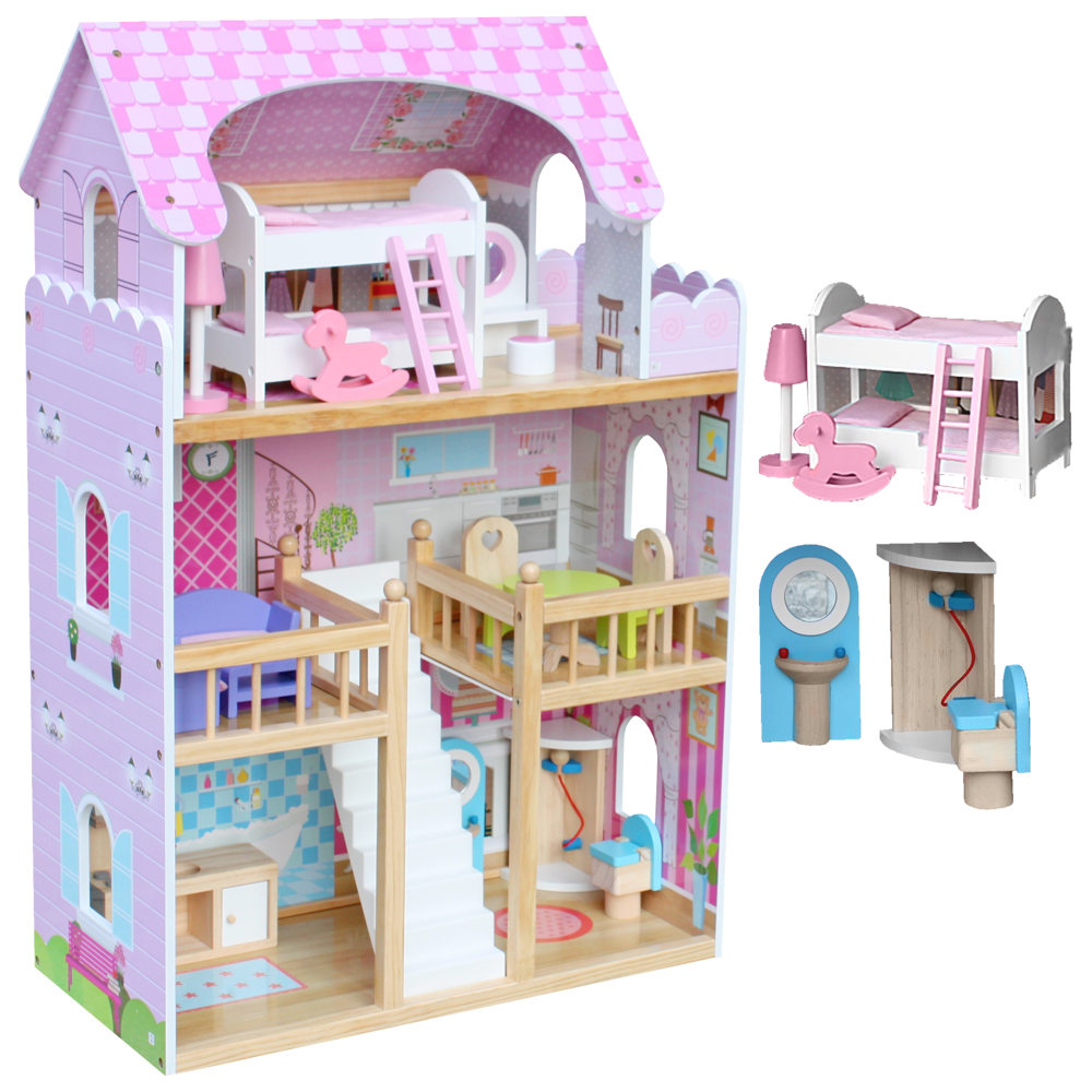 Drewniany domek dla lalek 3 poziomy - Rezydencja róż