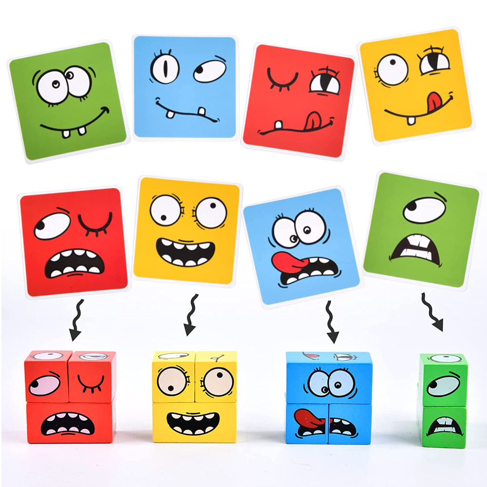 Drewniane klocki zmiana twarzy emocja gra logiczna