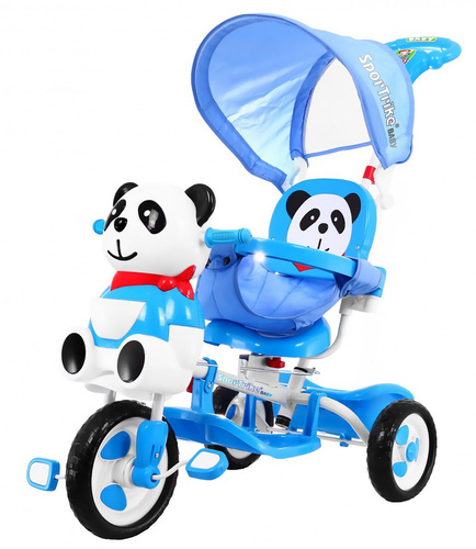 3-kołowy Rowerek dla dzieci Panda Niebieski + Dźwięki + Daszek + Barierka + Podnóżek + Rączka + Schowek