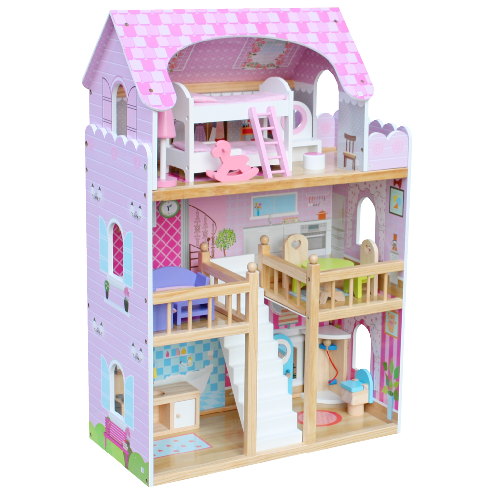 Drewniany domek dla lalek 3 poziomy - Rezydencja róż