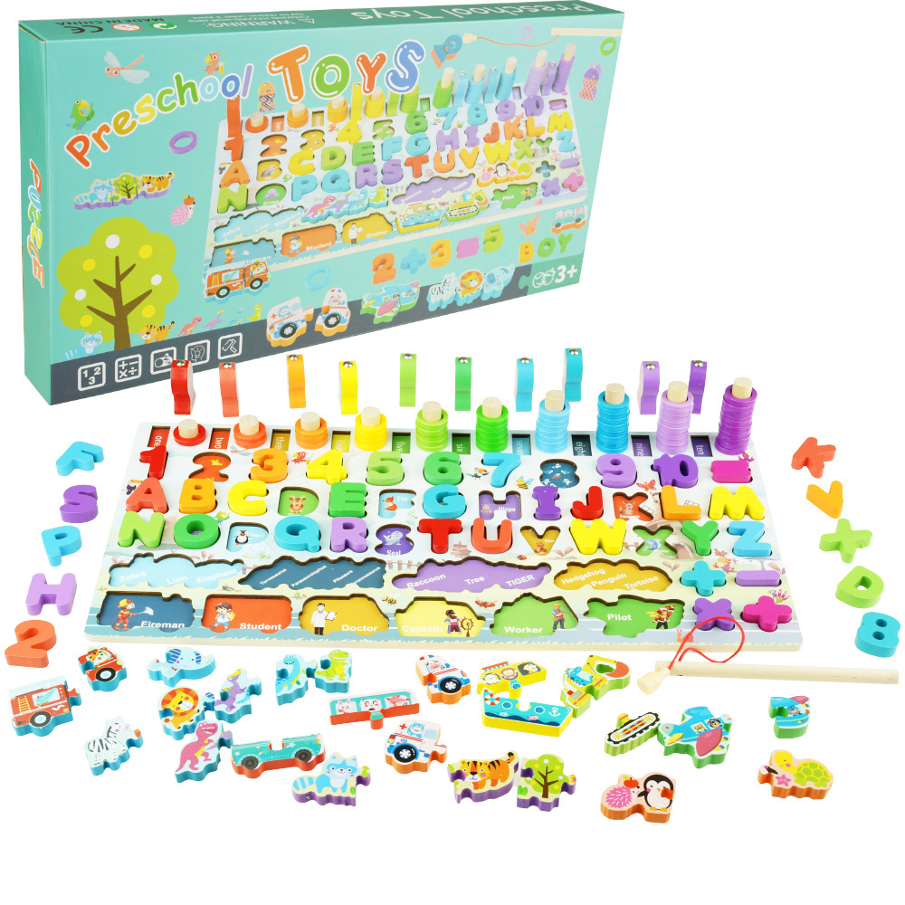 Drewniana układanka zestaw klocków cyfry alfabet mini puzzle