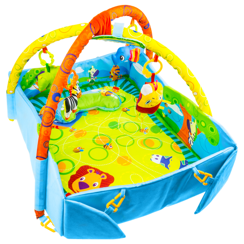 Mata edukacyjna kojec 2w1 z zabawkami i zagłówkiem