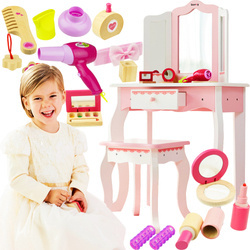 RÓŻOWA DREWNIANA TOALETKA POTRÓJNE LUSTRO SZUFLADA +KRZESEŁKO +8 AKCESORIÓW