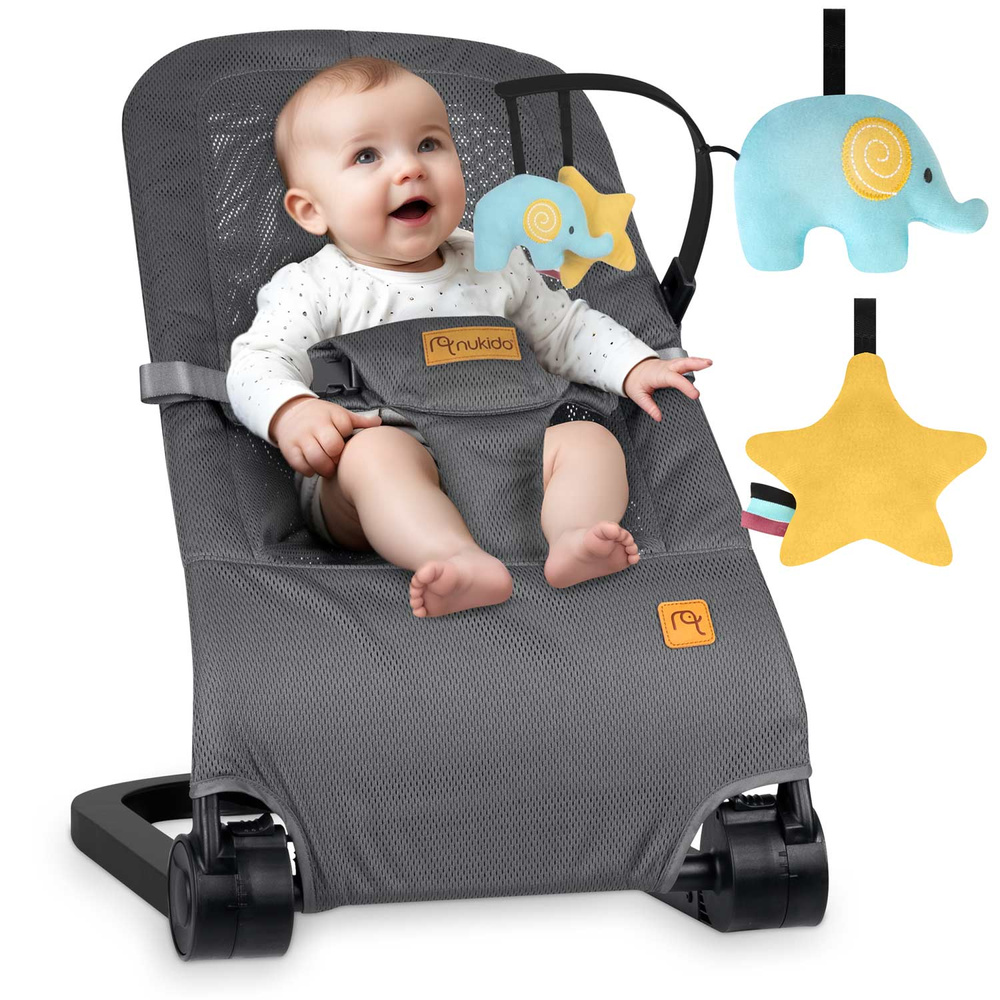 Leżaczek bujaczek z zabawkami - szary