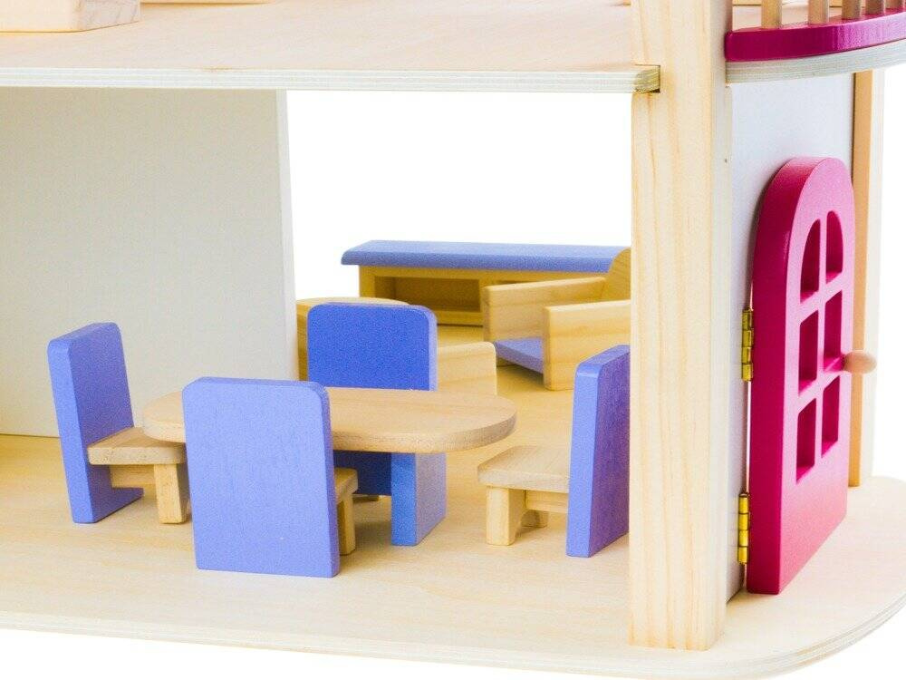 Drewniany różowy domek dla lalek + akcesoria