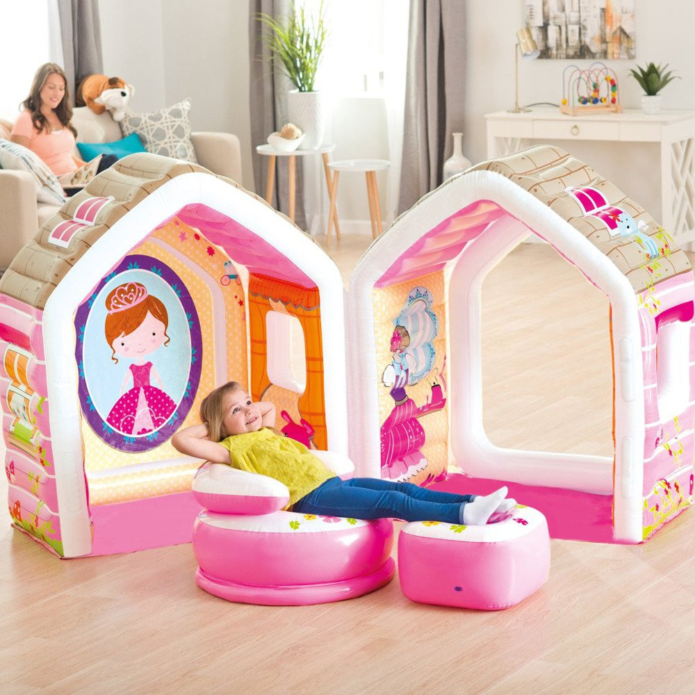 Domek dmuchany z pufami dla dzieci rozkładany plac zabaw księżniczki INTEX 48635