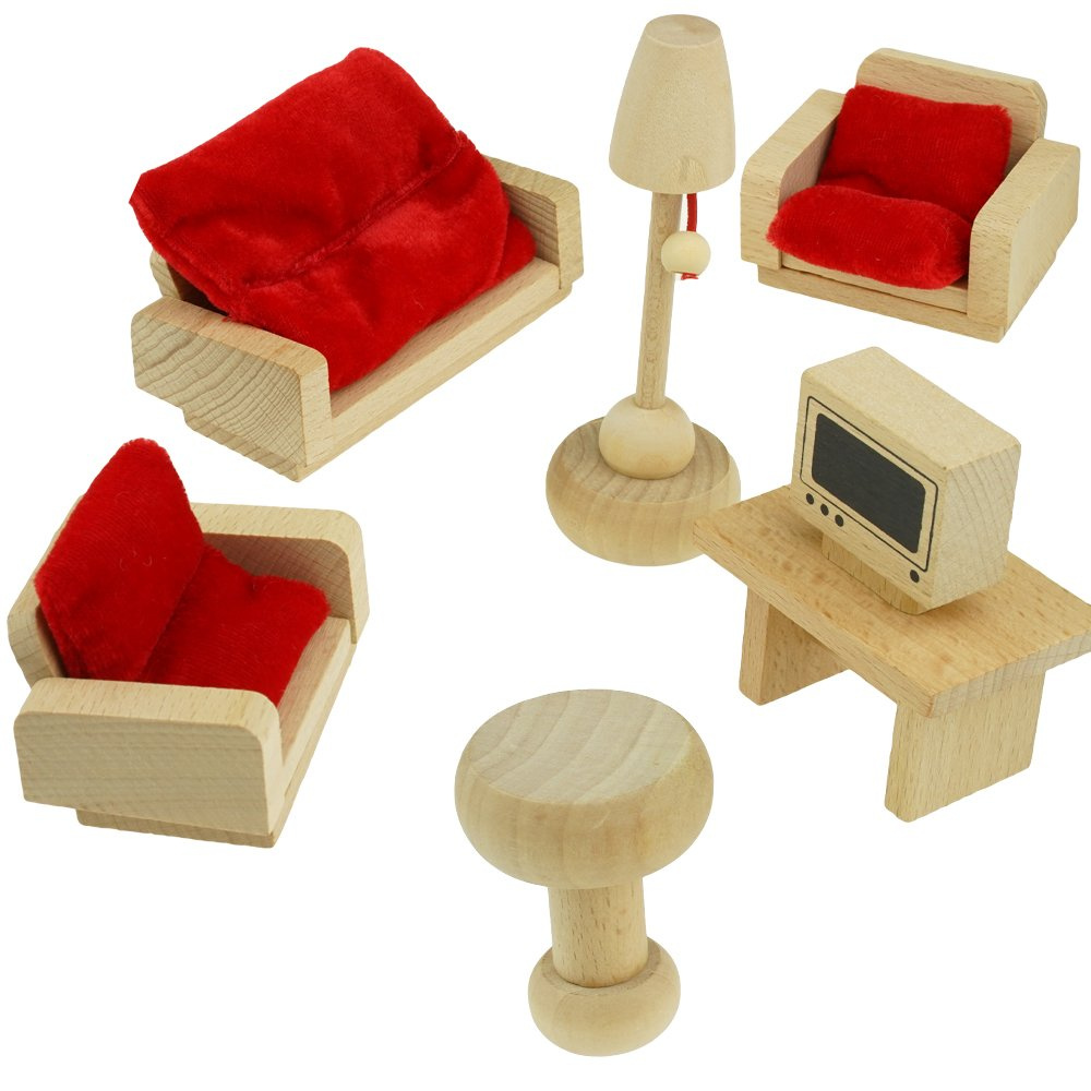 Zestaw drewnianych mebelków do domku dla lalek