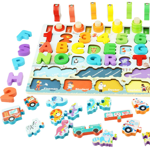 Drewniana układanka zestaw klocków cyfry alfabet mini puzzle