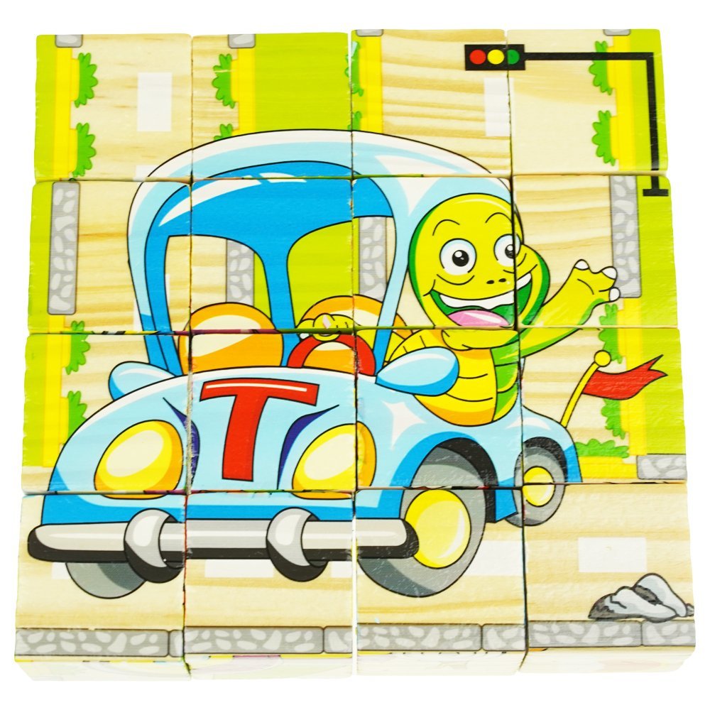 Drewniane puzzle edukacyjne klocki układanka 6w1 pojazdy