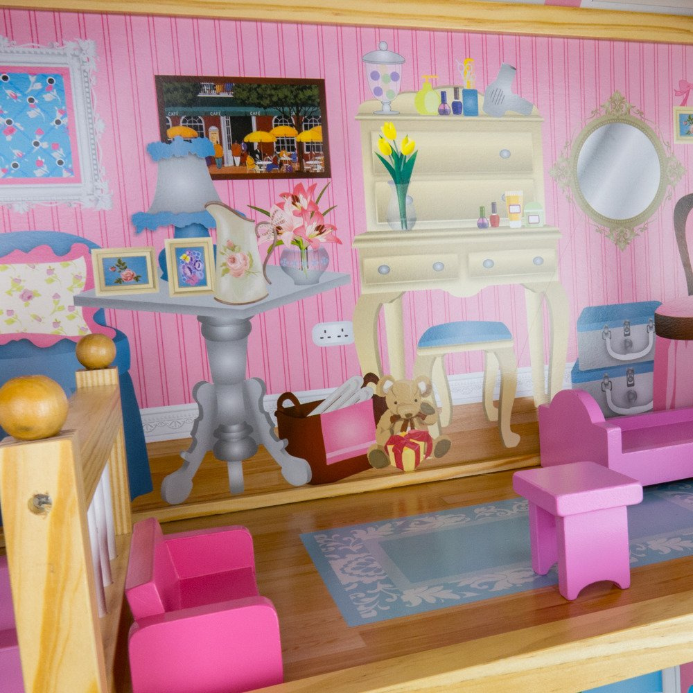 Drewniany domek dla lalek BARBIE trzy poziomowy + mebelki - Rezydencja LAURA