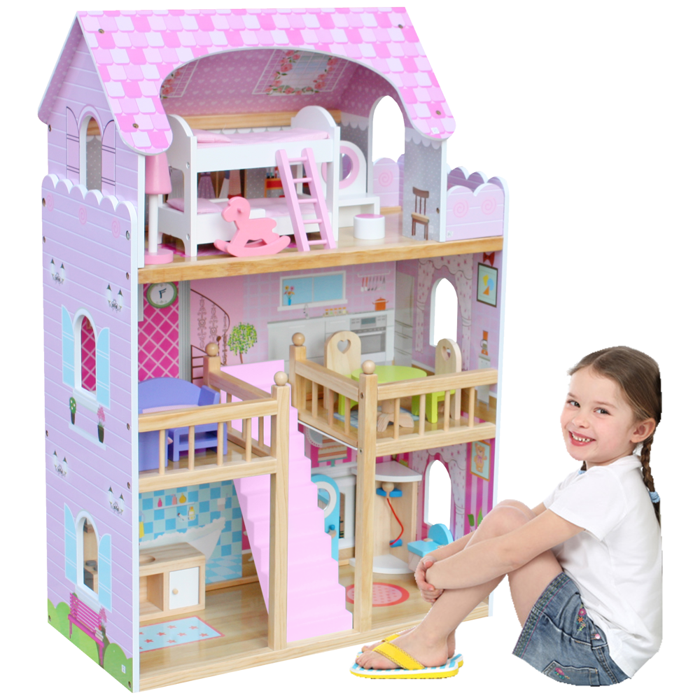 Drewniany domek dla lalek 3 poziomy - Rezydencja róż