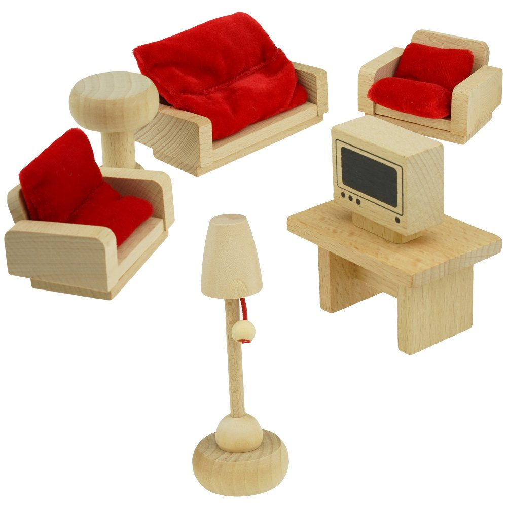 Zestaw drewnianych mebelków do domku dla lalek
