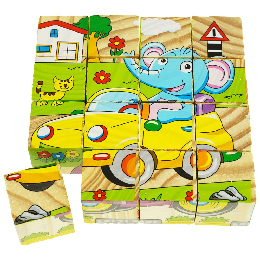 Drewniane puzzle edukacyjne klocki układanka 6w1 pojazdy