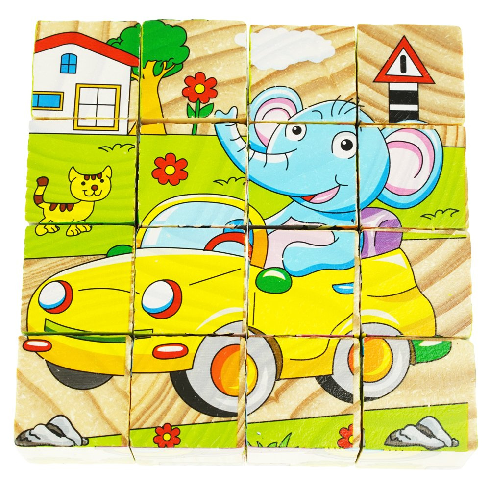 Drewniane puzzle edukacyjne klocki układanka 6w1 pojazdy