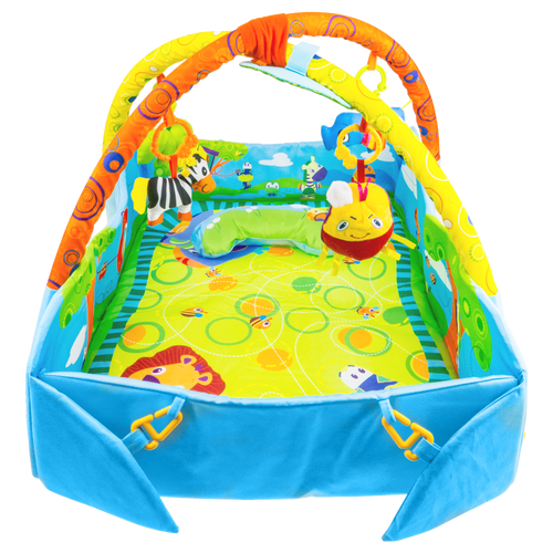 Mata edukacyjna kojec 2w1 z zabawkami i zagłówkiem