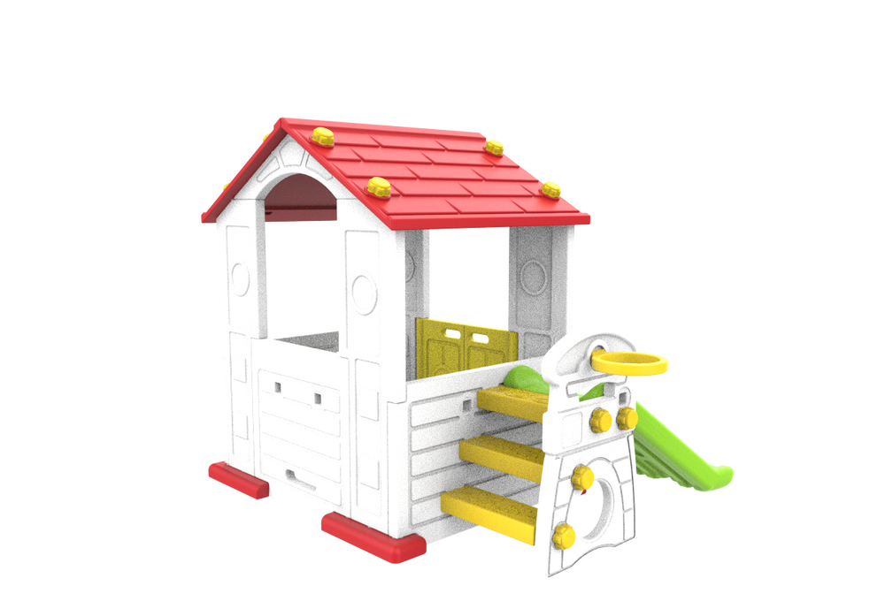Domek Ogrodowy 3w1 dla dzieci Czerwony Dach + Zjeżdżalnia + Koszykówka