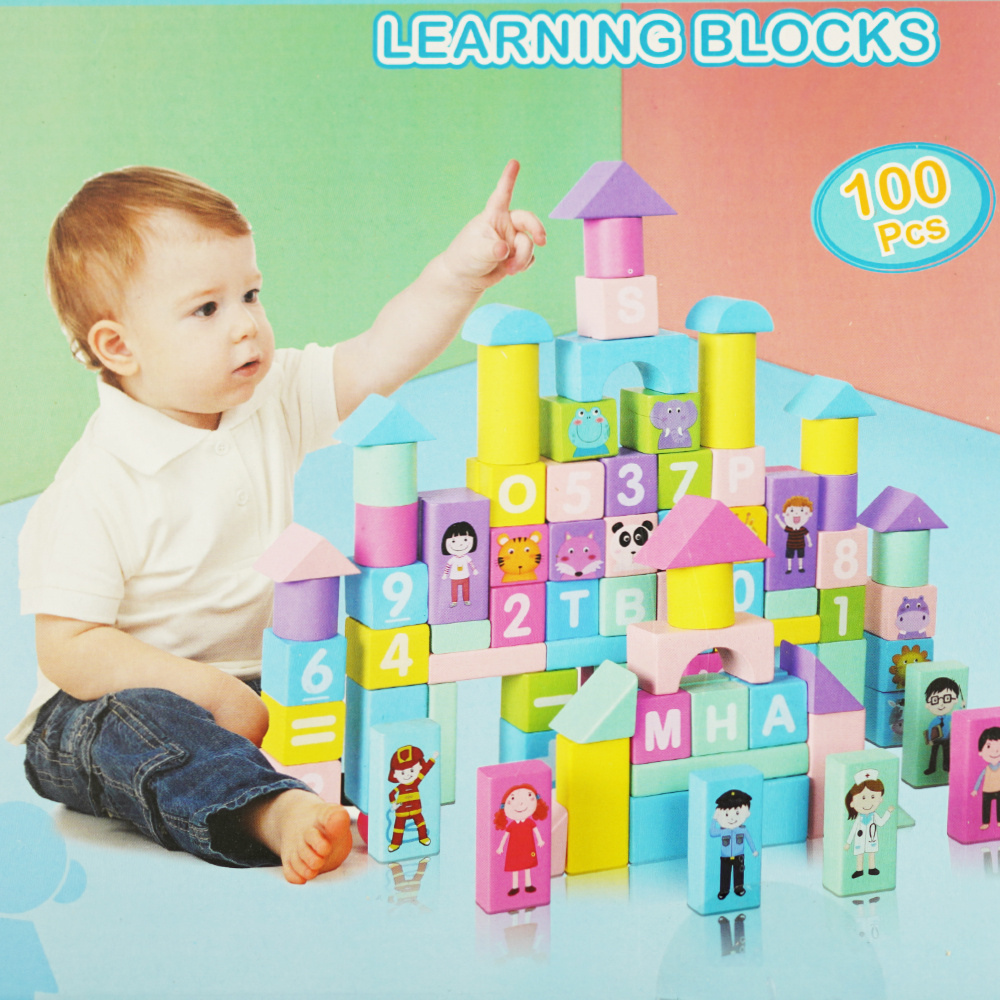 Duże drewniane kolorowe klocki konstrukcyjne 100el