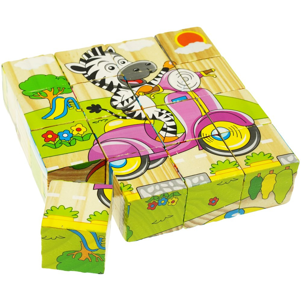 Drewniane puzzle edukacyjne klocki układanka 6w1 pojazdy