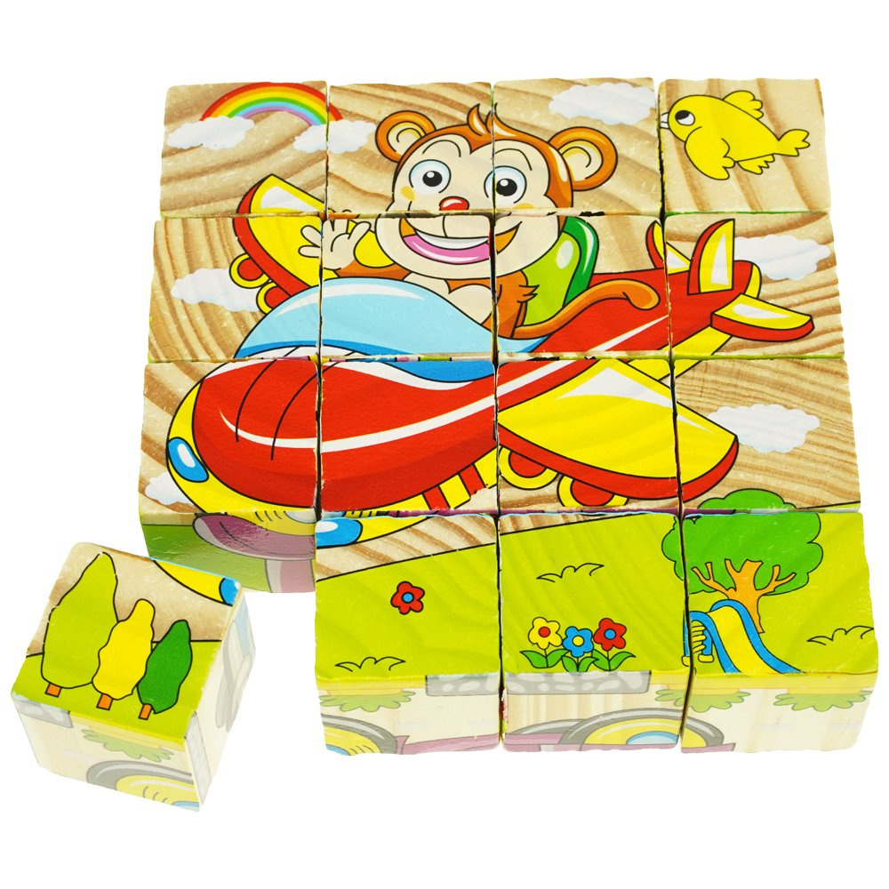 Drewniane puzzle edukacyjne klocki układanka 6w1 pojazdy