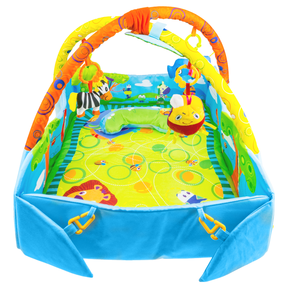 Mata edukacyjna kojec 2w1 z zabawkami i zagłówkiem