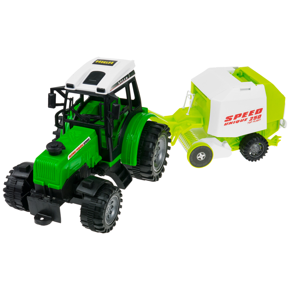 Traktor z maszyną prasa kostkujacą rolująca ruchome elementy