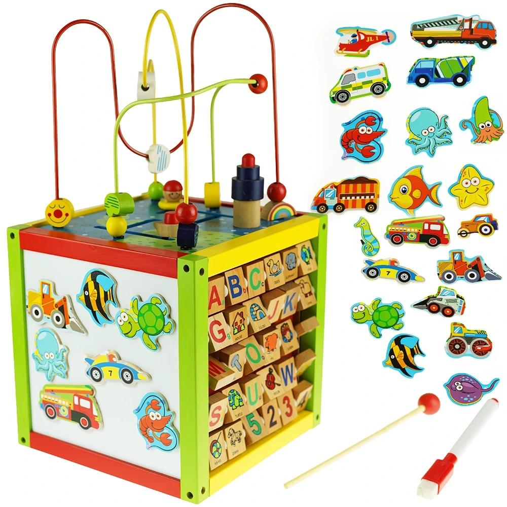 Edukacyjna duża kostka drewniana pętle labirynt alfabet