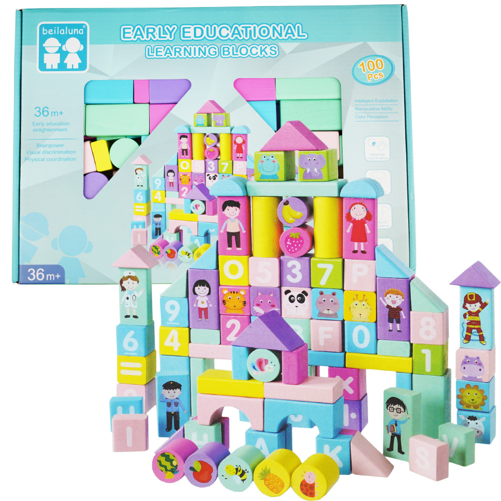 Duże drewniane kolorowe klocki konstrukcyjne 100el