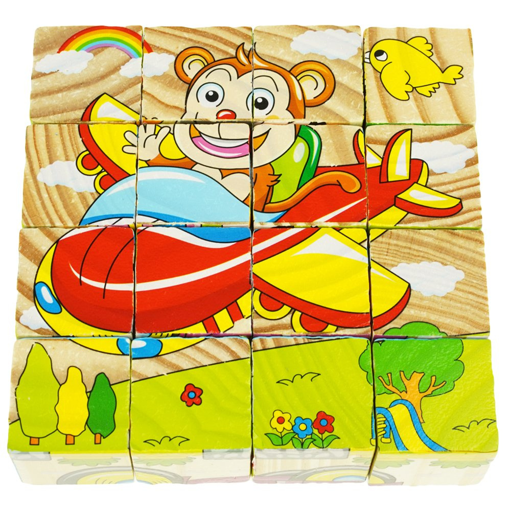 Drewniane puzzle edukacyjne klocki układanka 6w1 pojazdy