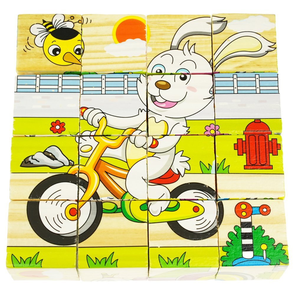 Drewniane puzzle edukacyjne klocki układanka 6w1 pojazdy