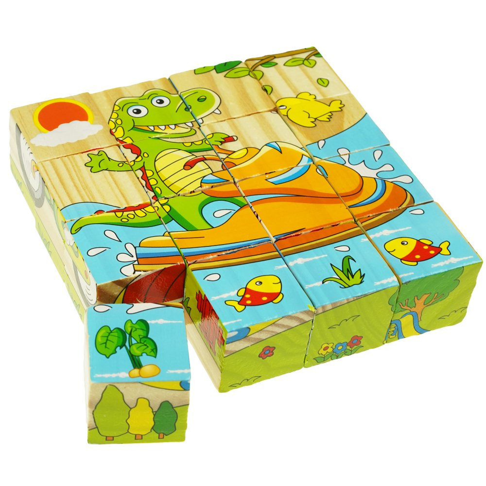 Drewniane puzzle edukacyjne klocki układanka 6w1 pojazdy