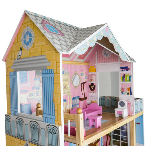Drewniany domek dla lalek BARBIE trzy poziomowy + mebelki - Rezydencja LAURA