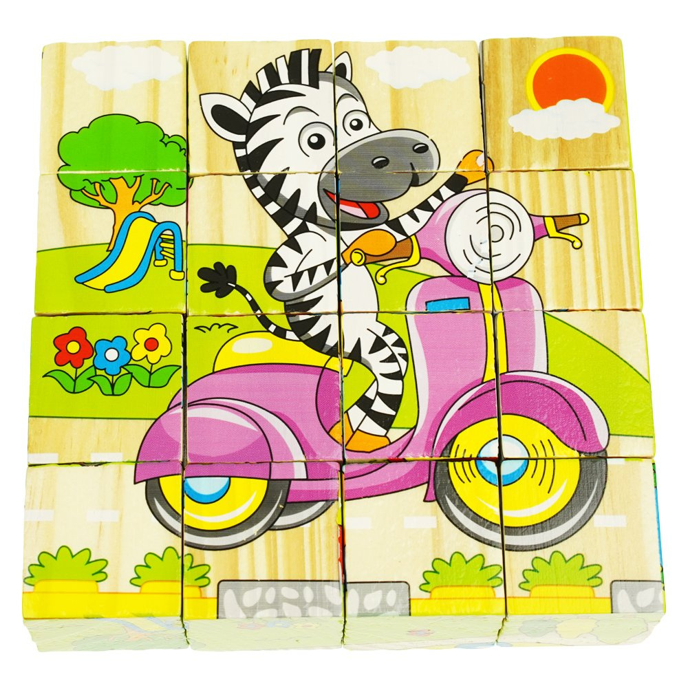 Drewniane puzzle edukacyjne klocki układanka 6w1 pojazdy