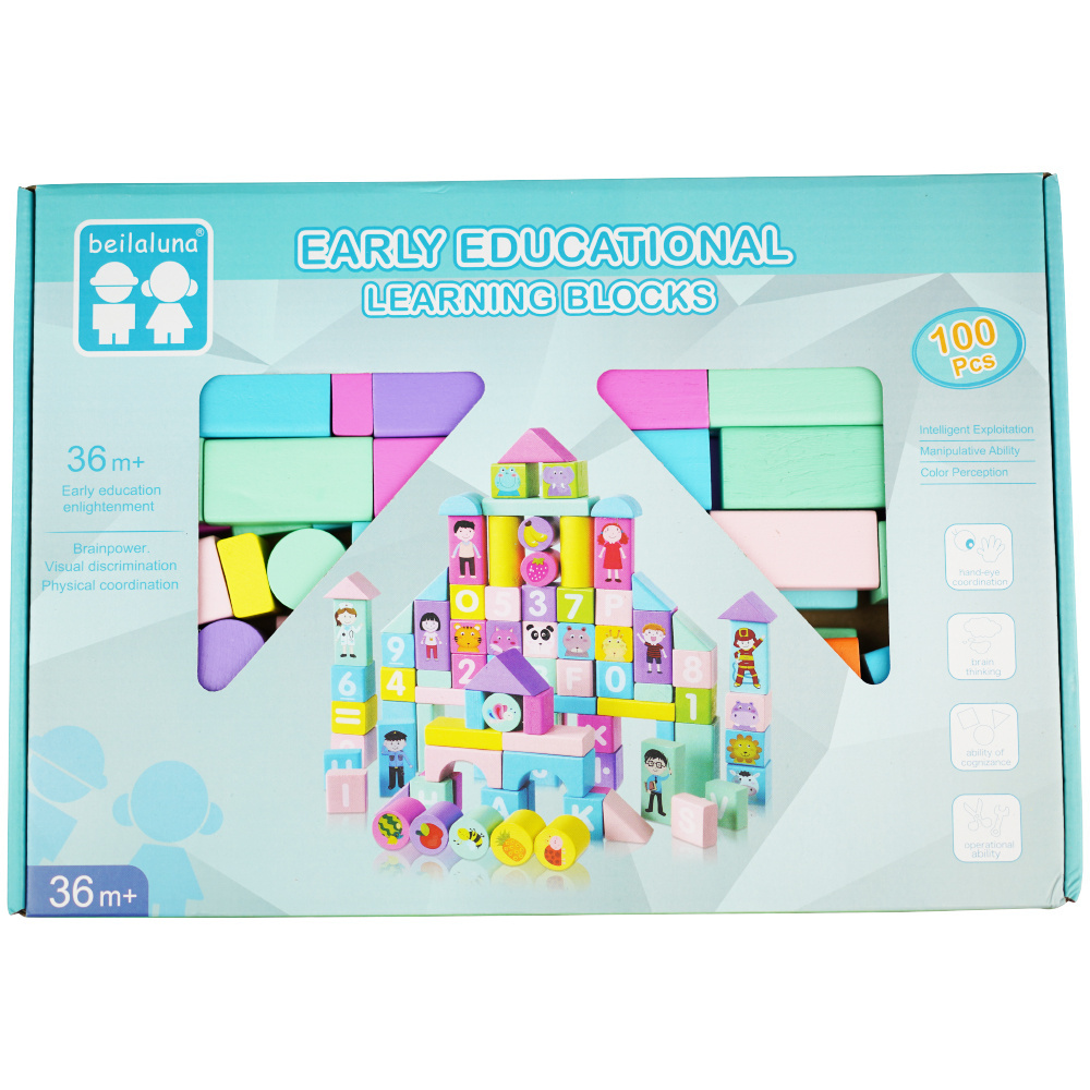 Duże drewniane kolorowe klocki konstrukcyjne 100el