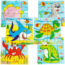 Drewniane klocki puzzle układanka 6W1  zwierzęta wodne