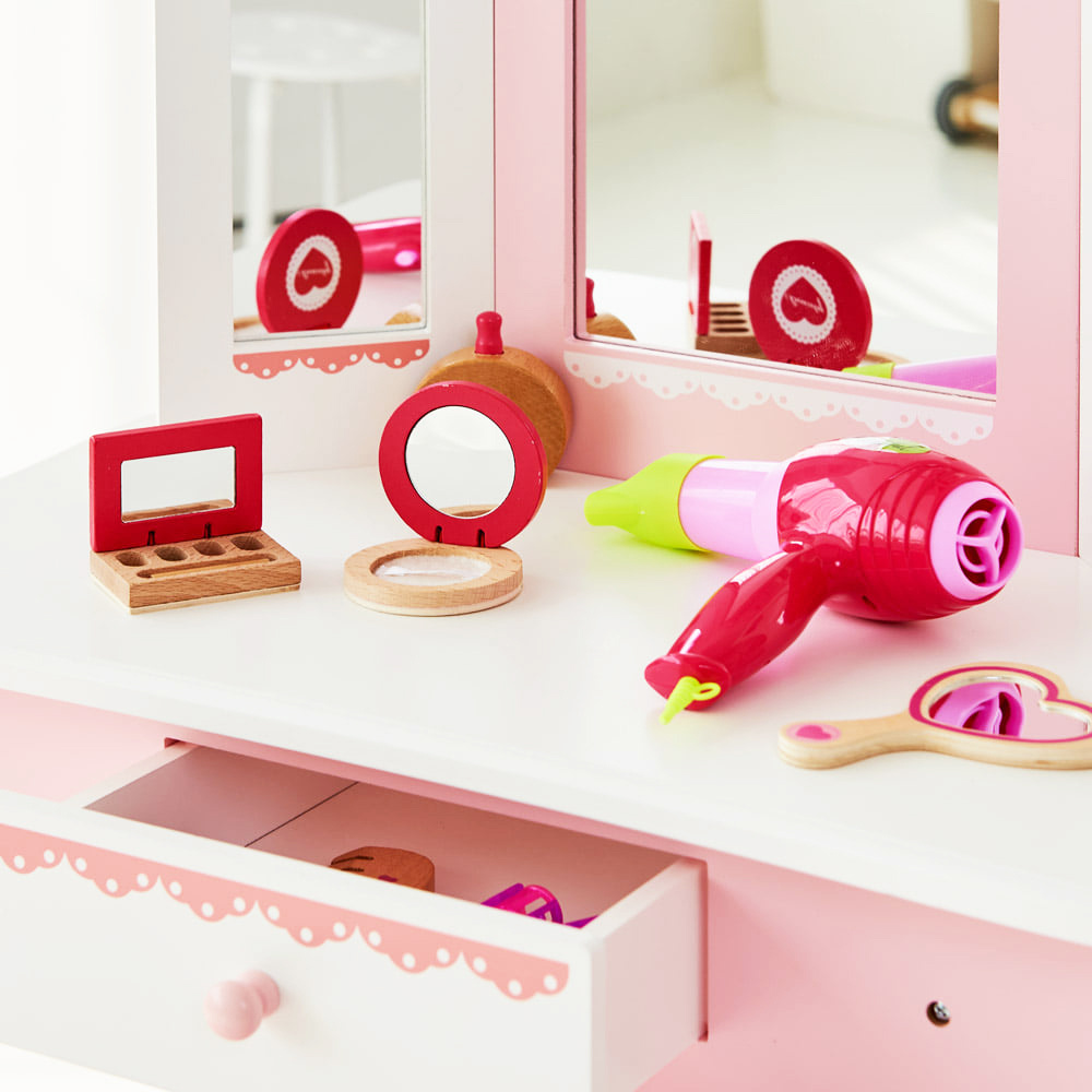 Drewniana toaletka z lustrem stołeczkiem dla dziewczynki duża różowa
