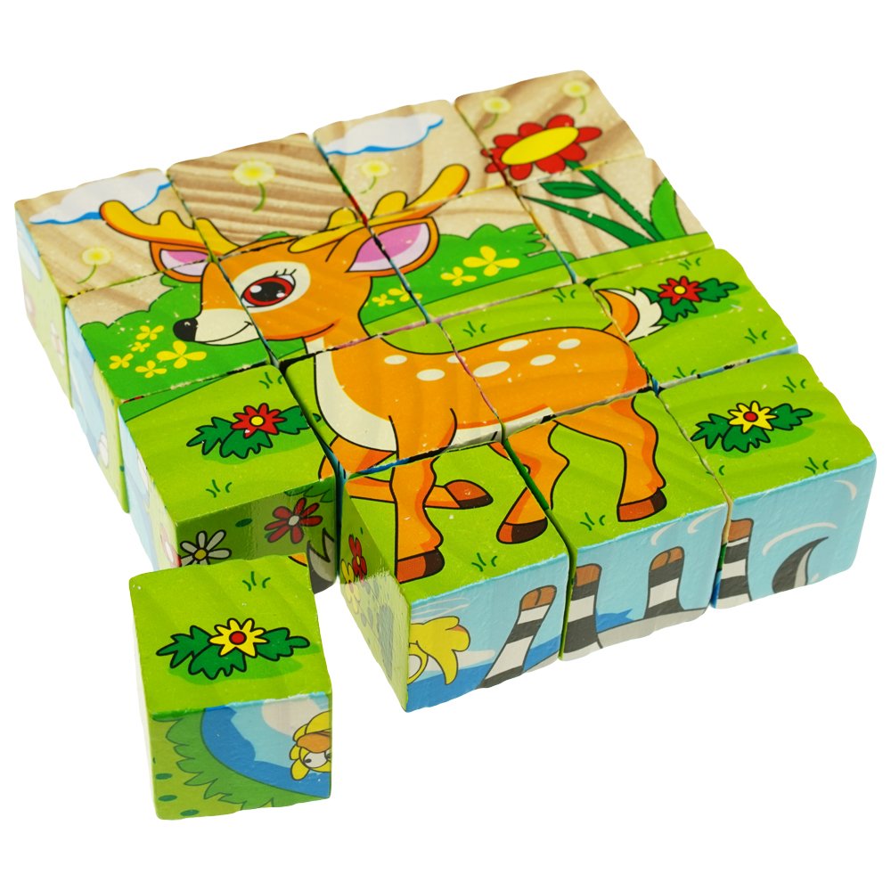 Drewniane puzzle klocki układanka 6w1 zwierzęta safari