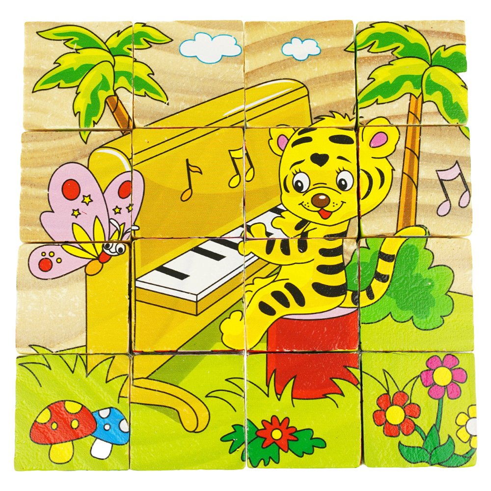 Drewniane puzzle układanka klocki edukacyjne 6W1 zwierzęta muzyka