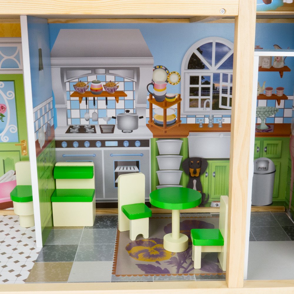 Drewniany domek dla lalek BARBIE trzy poziomowy + mebelki - Rezydencja LAURA