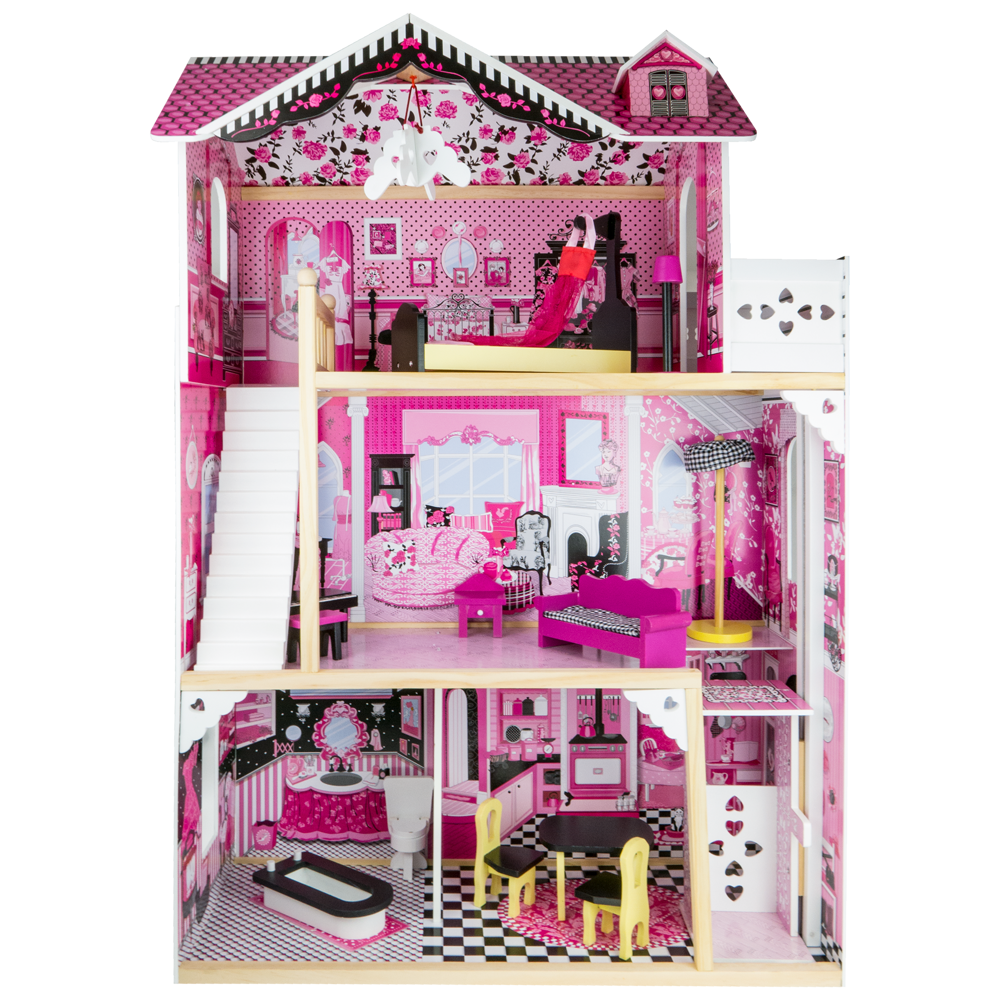Drewniany domek dla lalek Barbi z windą i meblami Willa z oświetleniem LED