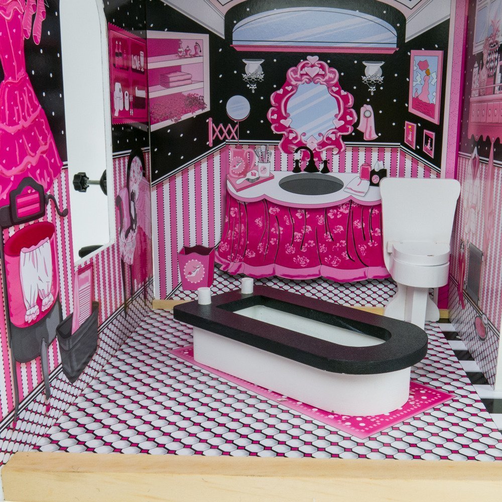 Drewniany domek dla lalek Barbi z windą i meblami Willa z oświetleniem LED