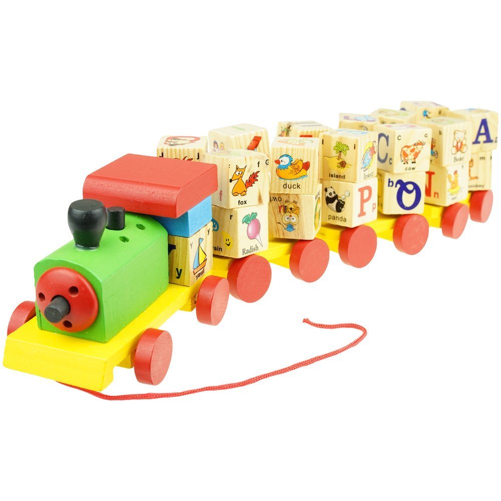 Drewniany pociąg lokomotywa z klockami sorter ciuchcia alfabet
