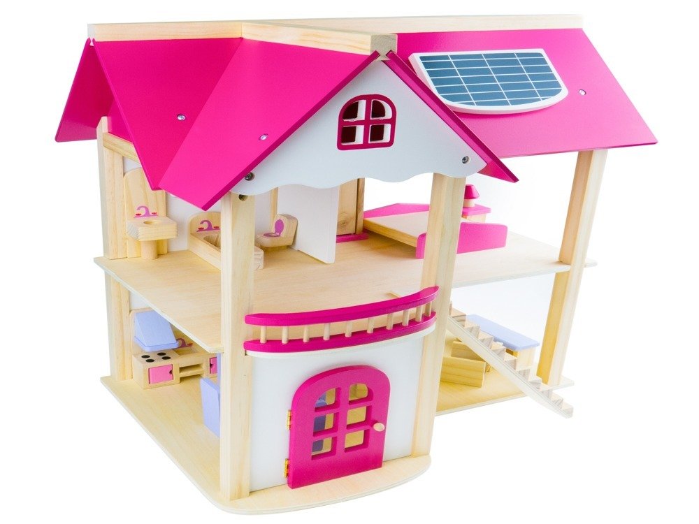 Drewniany różowy domek dla lalek + akcesoria