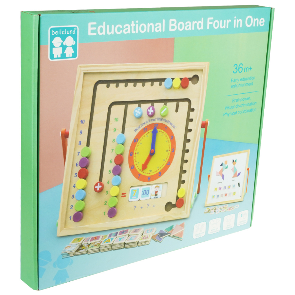 Dwustronna sensoryczna drewniana tablica edukacyjna z zegarem 4w1 