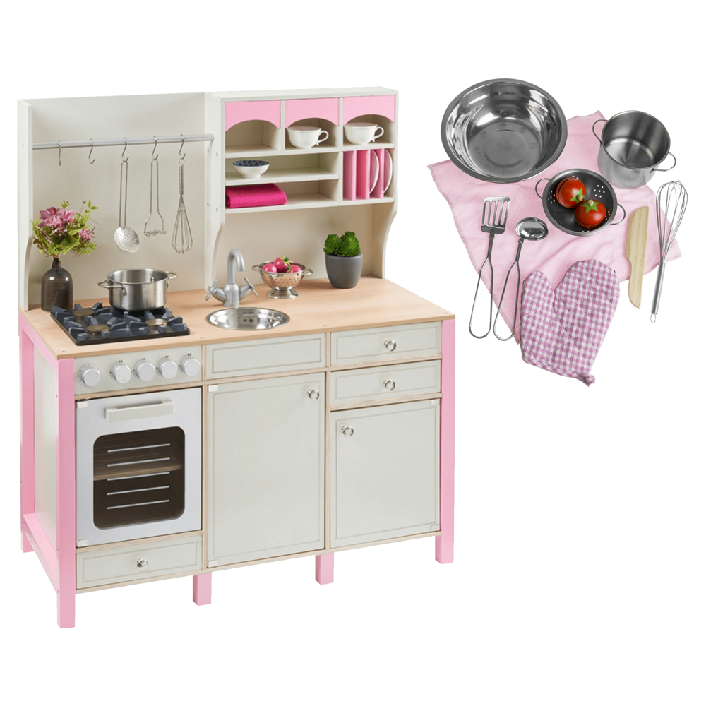 Kuchnia drewniana dla dzieci różowa - Duży zestaw OUTLET