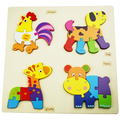 Drewniana układanka puzzle dla dzieci  kogut pies hipopotam żyrafa zestaw