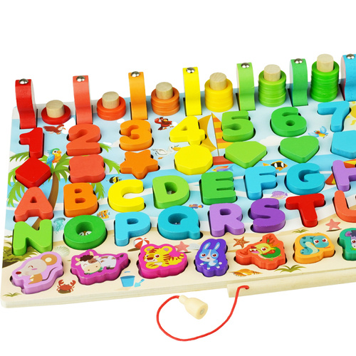 Drewniana układanka zestaw klocków cyfry alfabet figury zwierzątka