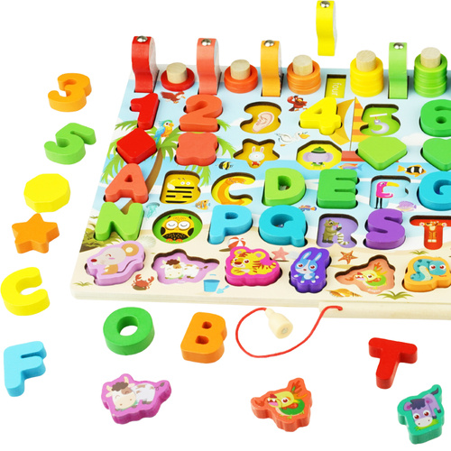 Drewniana układanka zestaw klocków cyfry alfabet figury zwierzątka